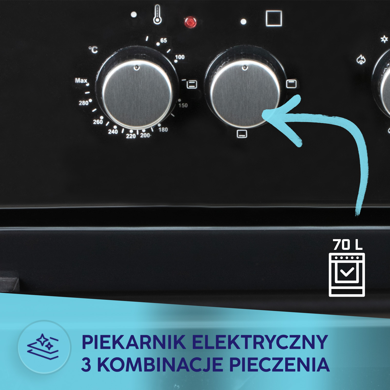 Czarny panel sterowania piekarnika z dwoma pokrętłami, strzałką i napisem PIEKARNIK ELEKTRYCZNY 3 KOMBINACJE PIECZENIA.