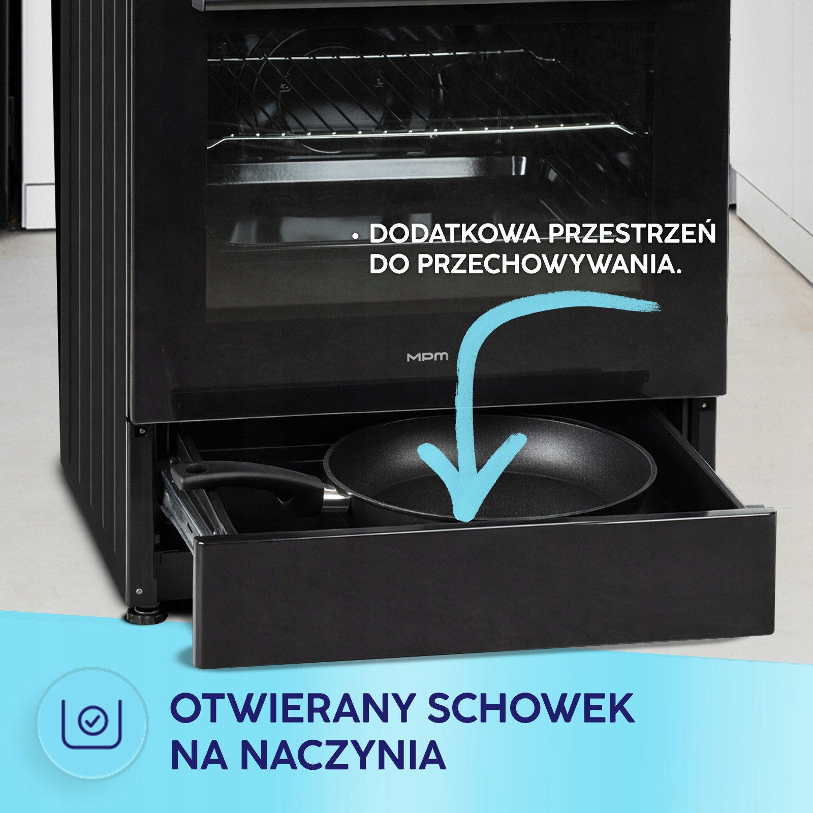 Czarny piekarnik z otwartą dolną szufladą zawierającą patelnię, z polskimi napisami.