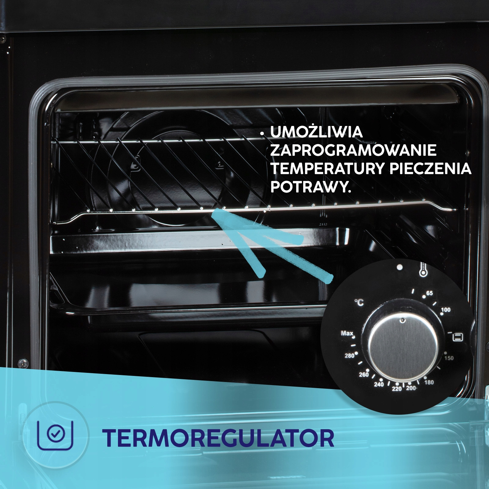 Otwarty czarny piekarnik z pokrętłem termoregulatora po prawej stronie i tekstem informacyjnym.