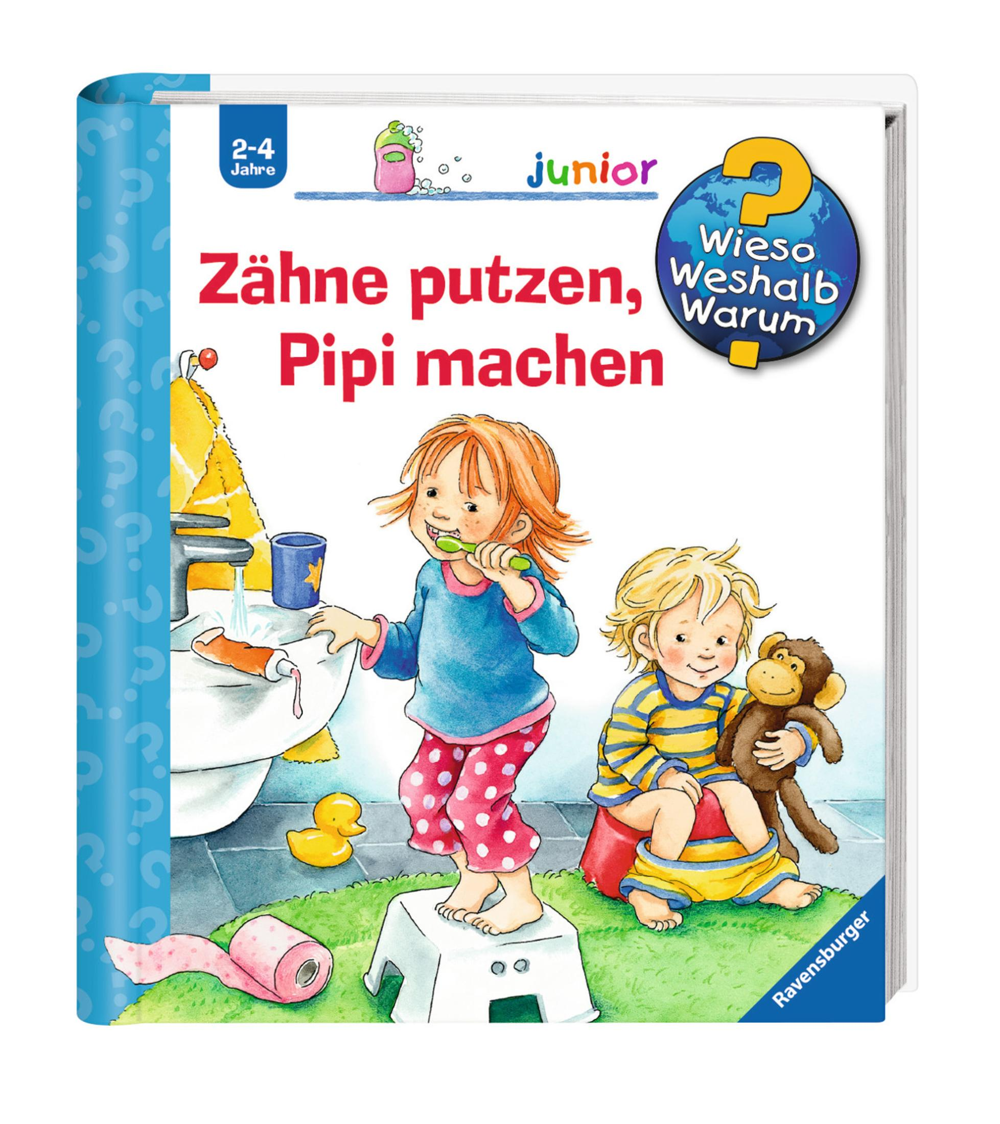 Kinderbuchcover zeigt ein Kind beim Zähneputzen am Waschbecken und ein anderes auf dem Topf mit Stoffaffe.