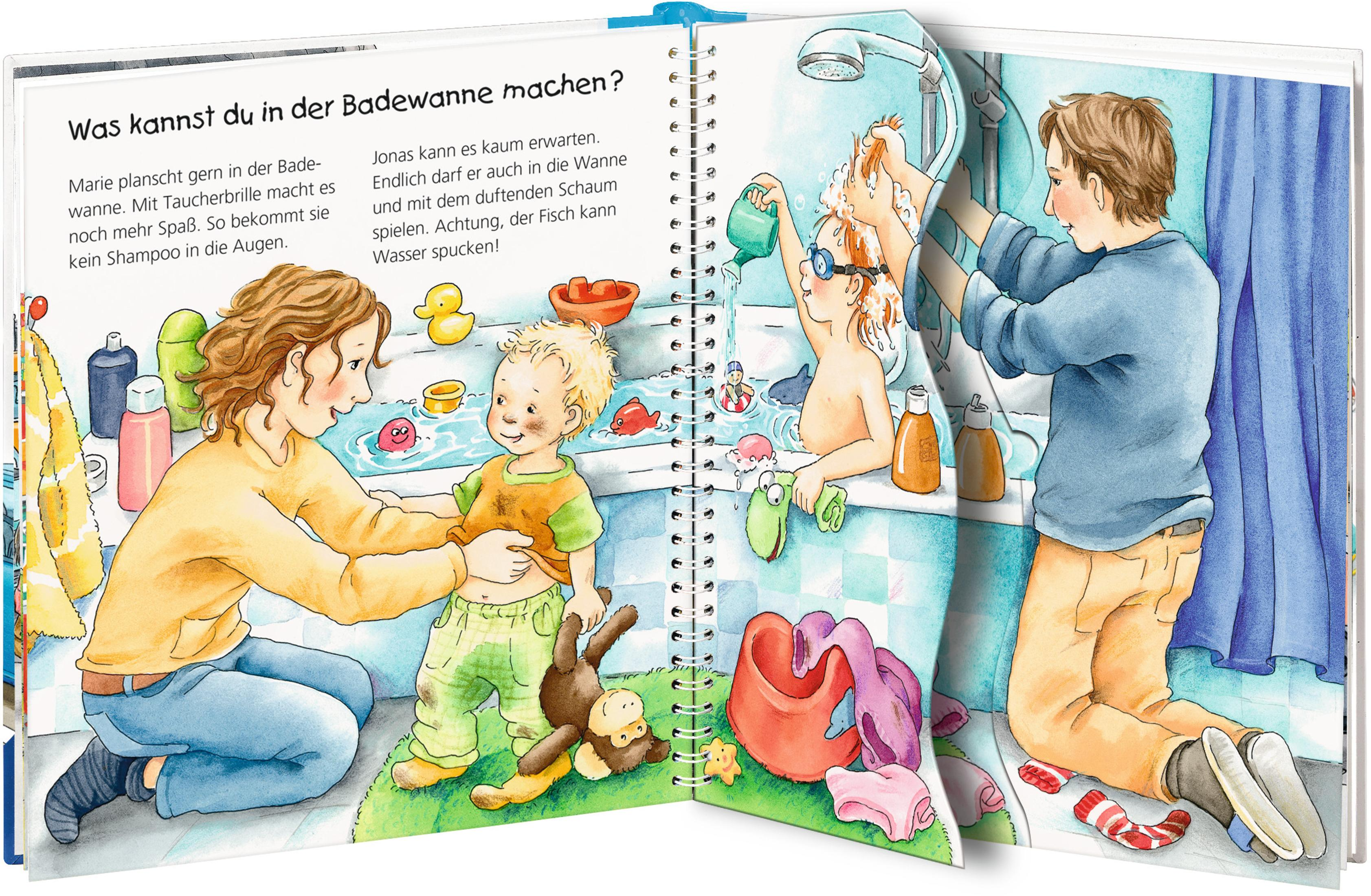 Ein Kinderbuch zeigt Kinder beim Baden, beim Anziehen und beim Spielen mit Spielzeug in der Wanne.