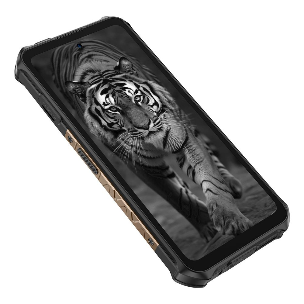 Wytrzymały czarny smartfon z czarno-białą tapetą przedstawiającą tygrysa.