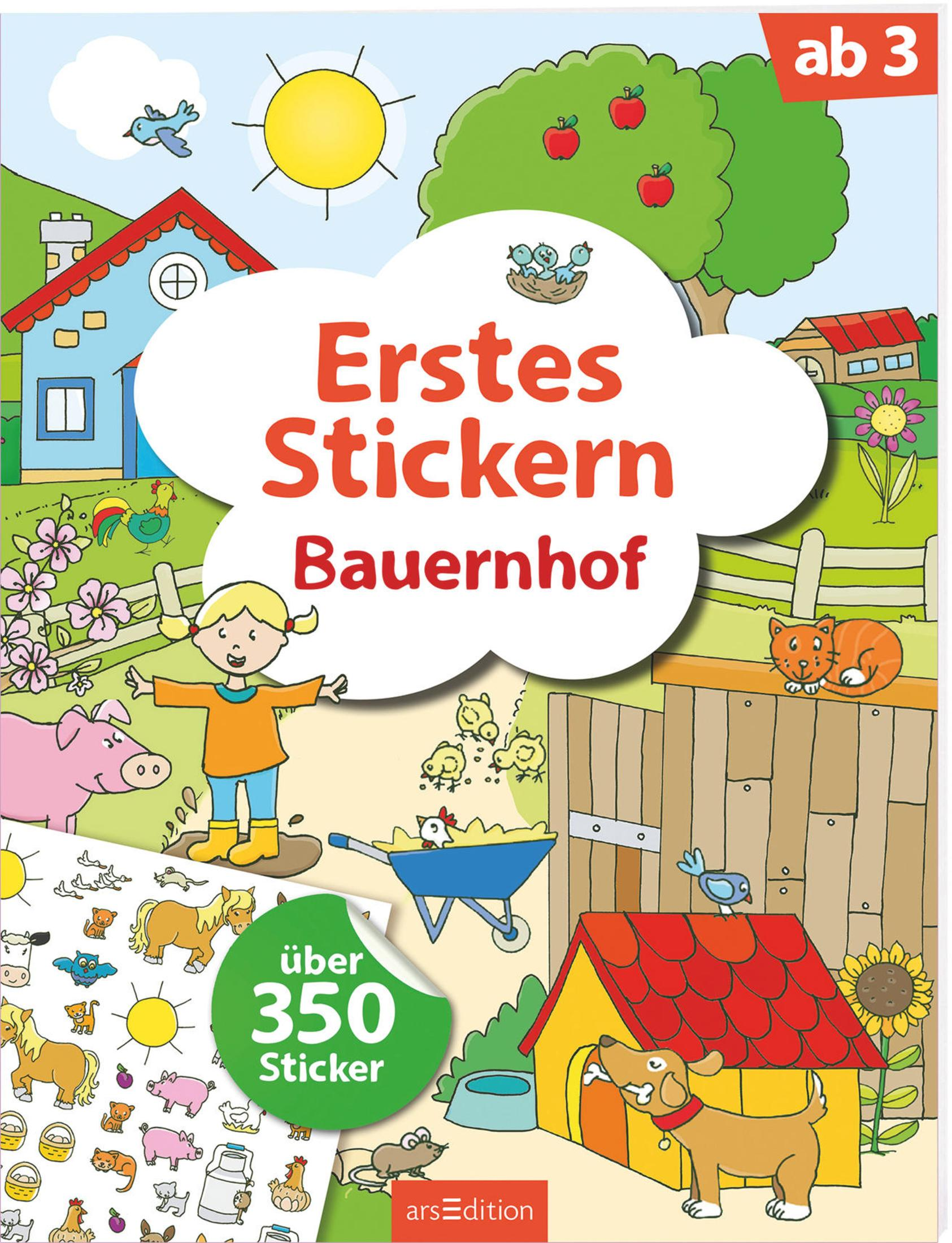 Buntes Kinderbuchcover zum Thema Bauernhof mit Stickern, Tieren, einem Haus und einer glücklichen Figur.