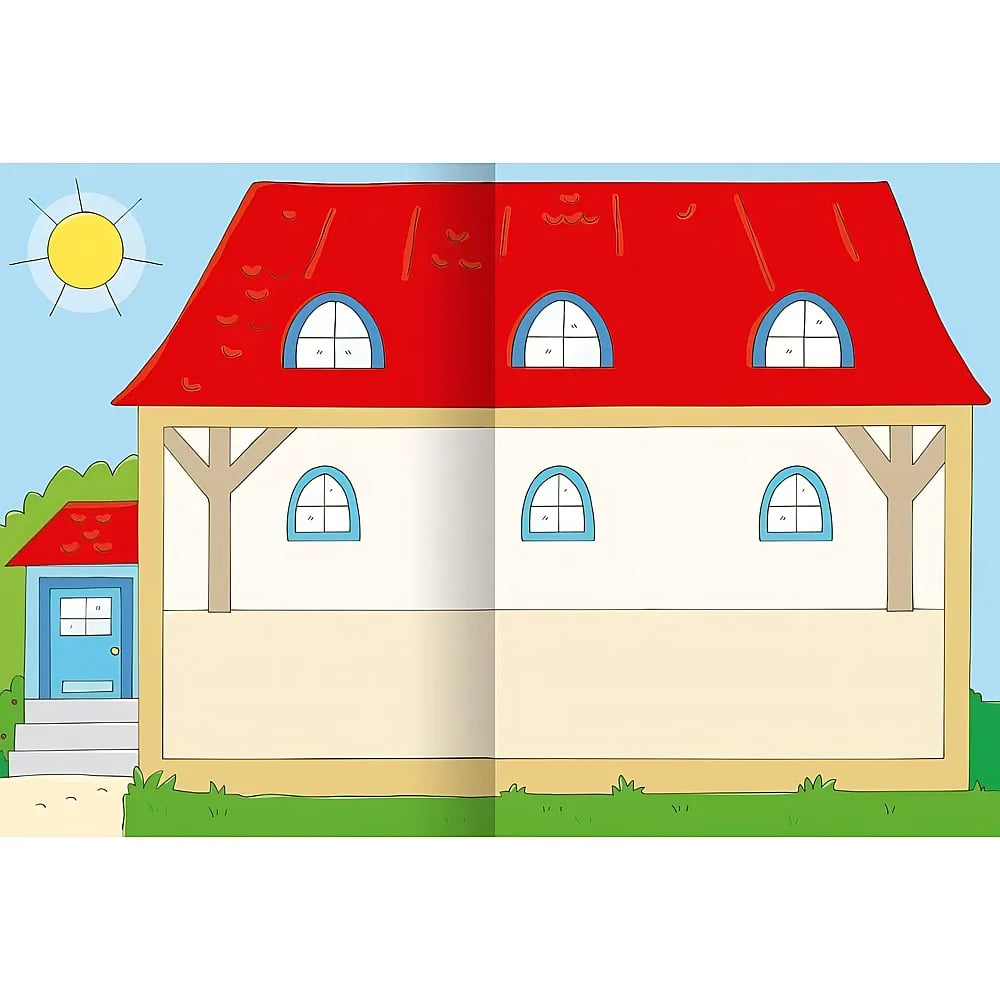 Ein großes zweistöckiges Haus mit rotem Dach, weißen Wänden und blauen Bogenfenstern vor blauem Himmel mit gelber Sonne.