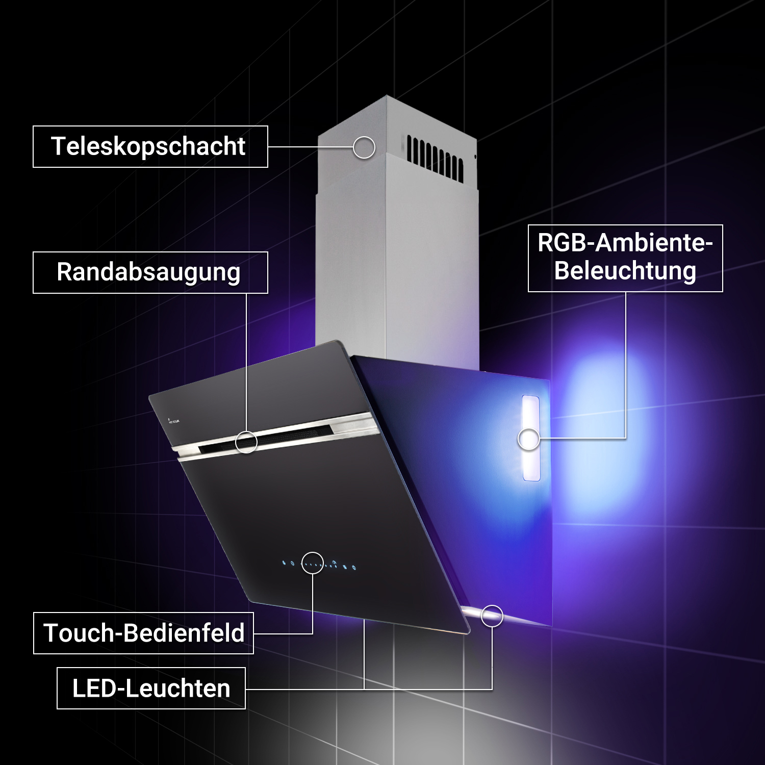 Moderna cappa aspirante con camino telescopico, aspirazione perimetrale, pannello touch, luce ambientale RGB e LED.