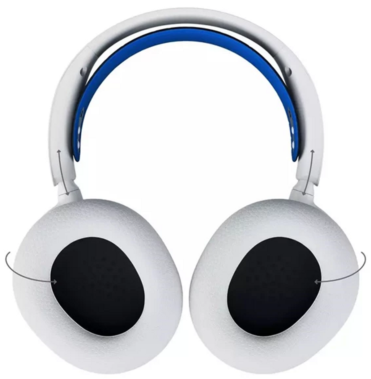 Weiße Over-Ear-Kopfhörer mit blauem Kopfband und grauen Pfeilen, die verstellbare Teile zeigen vor weißem Hintergrund.