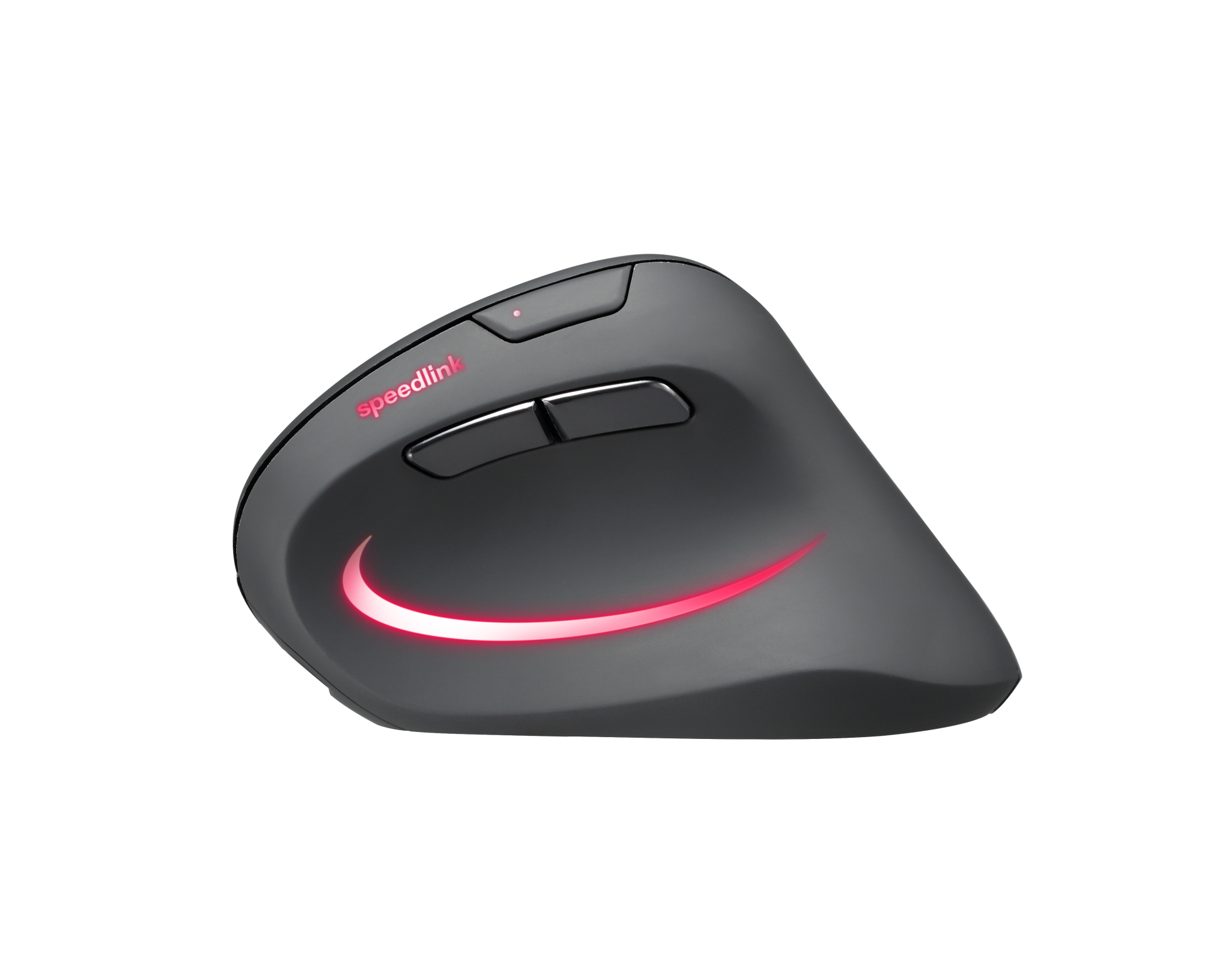 Eine schwarze Speedlink-Ergonomiemaus mit roter LED-Beleuchtung auf weißem Hintergrund.