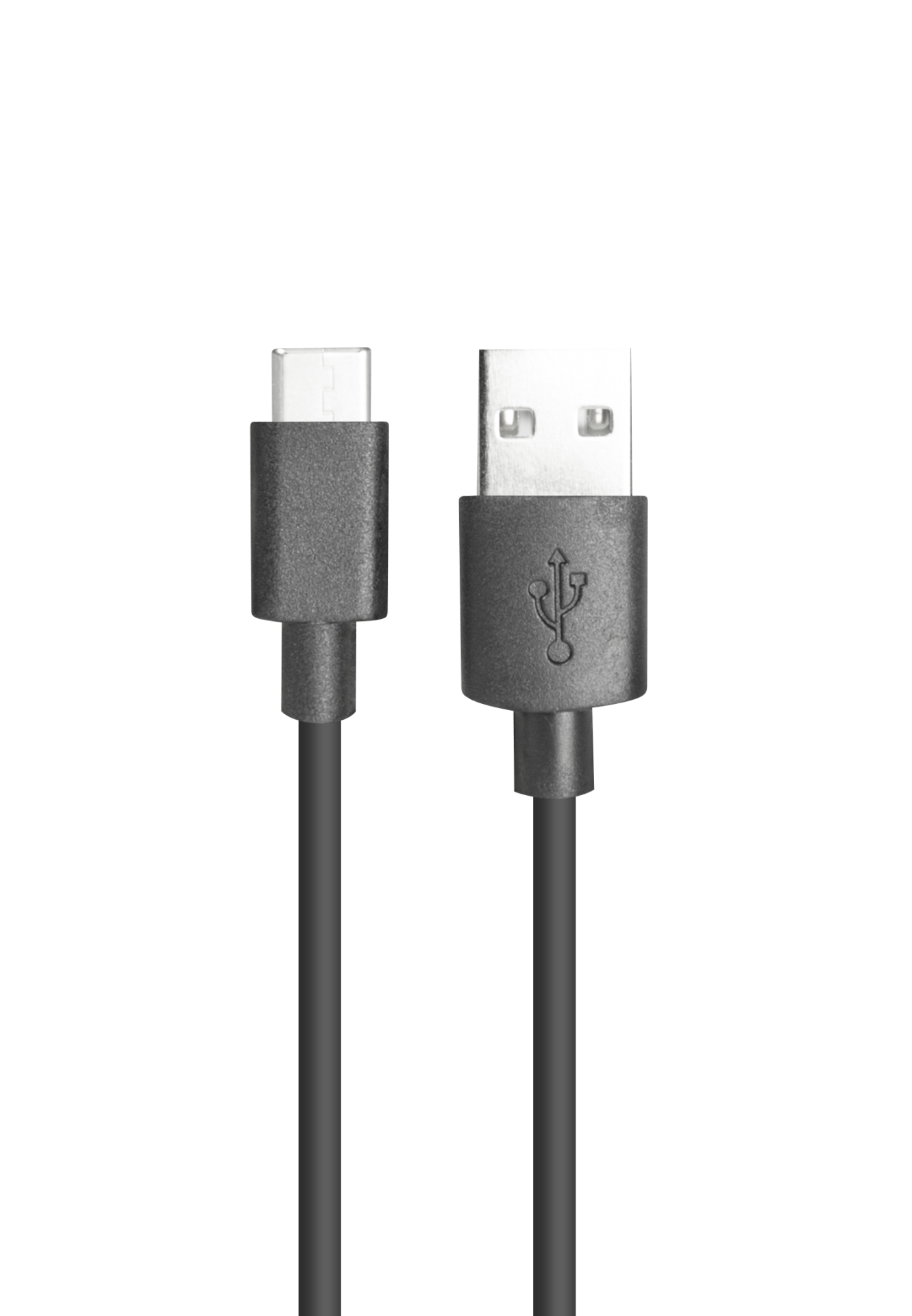 Ein schwarzes USB-Kabel mit Typ-C-Anschluss links und Standard-USB-Anschluss rechts vor weißem Hintergrund.