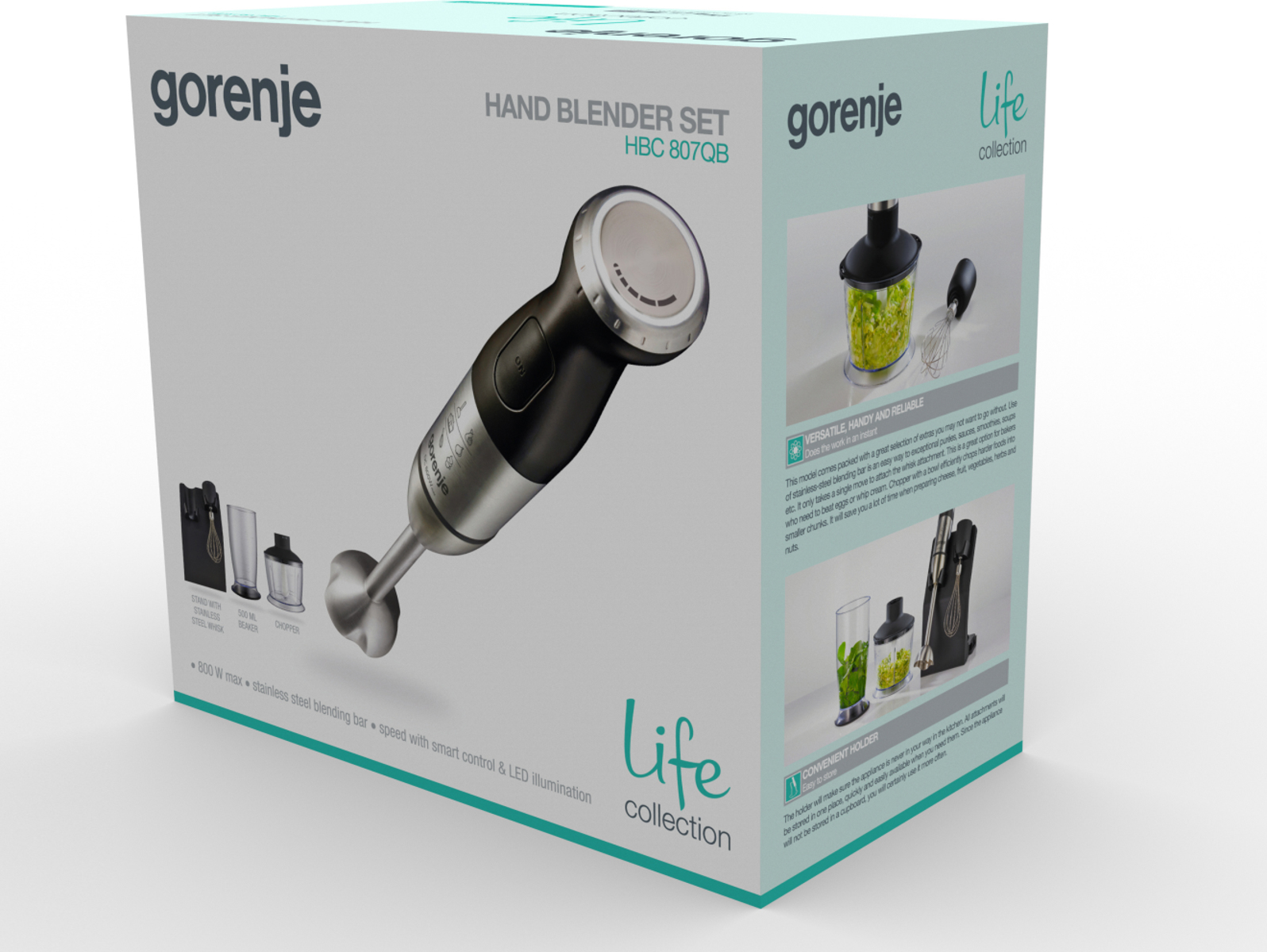 Opakowanie blendera ręcznego Gorenje HBC 807QB z widocznymi akcesoriami.