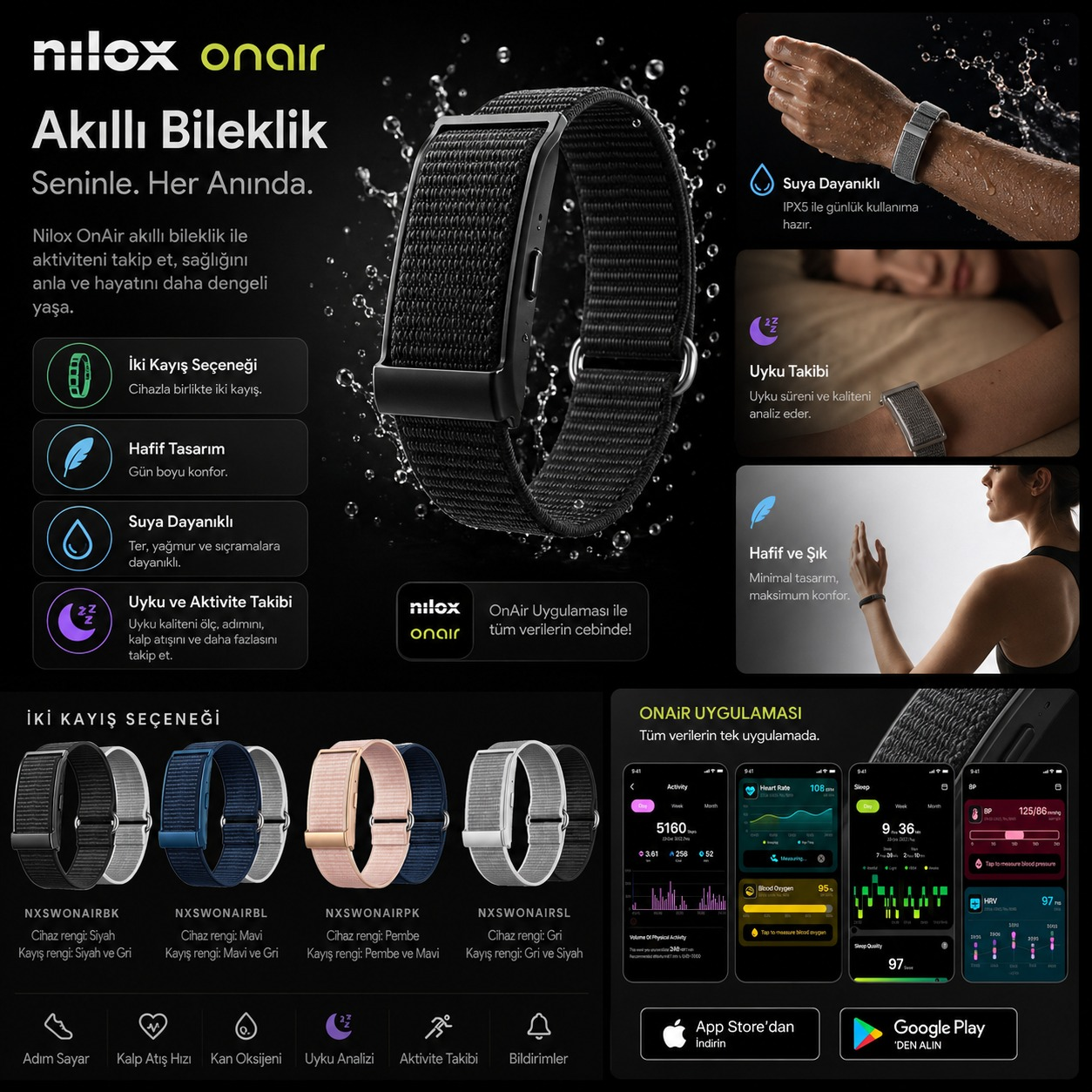 Locandina promozionale per lo smartwatch Nilox OnAir con funzionalità, opzioni di cinturino e dettagli dell'app.