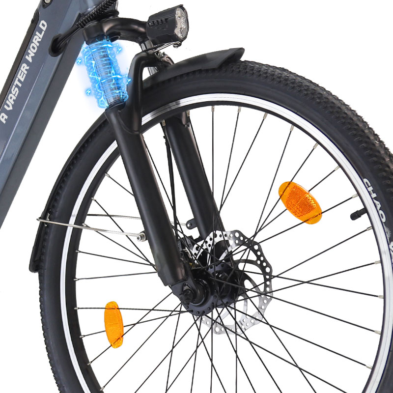 Primo piano della forcella anteriore di una bicicletta elettrica con sospensione ed effetti elettrici blu.