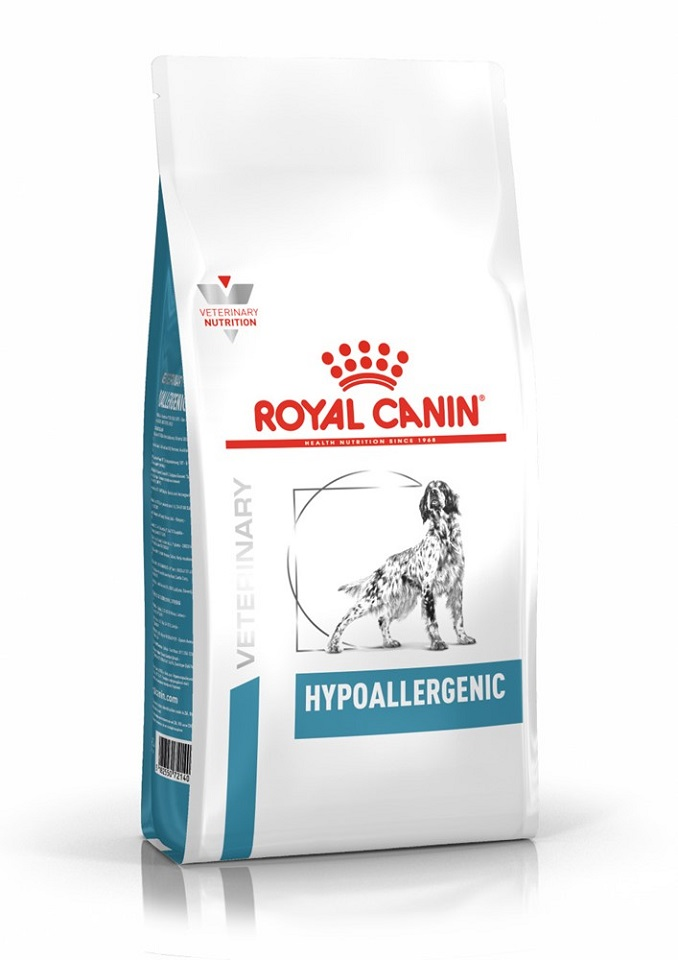 Biała torba karma dla psów Royal Canin Hypoallergenic z czerwonym logo i rysunkiem psa.