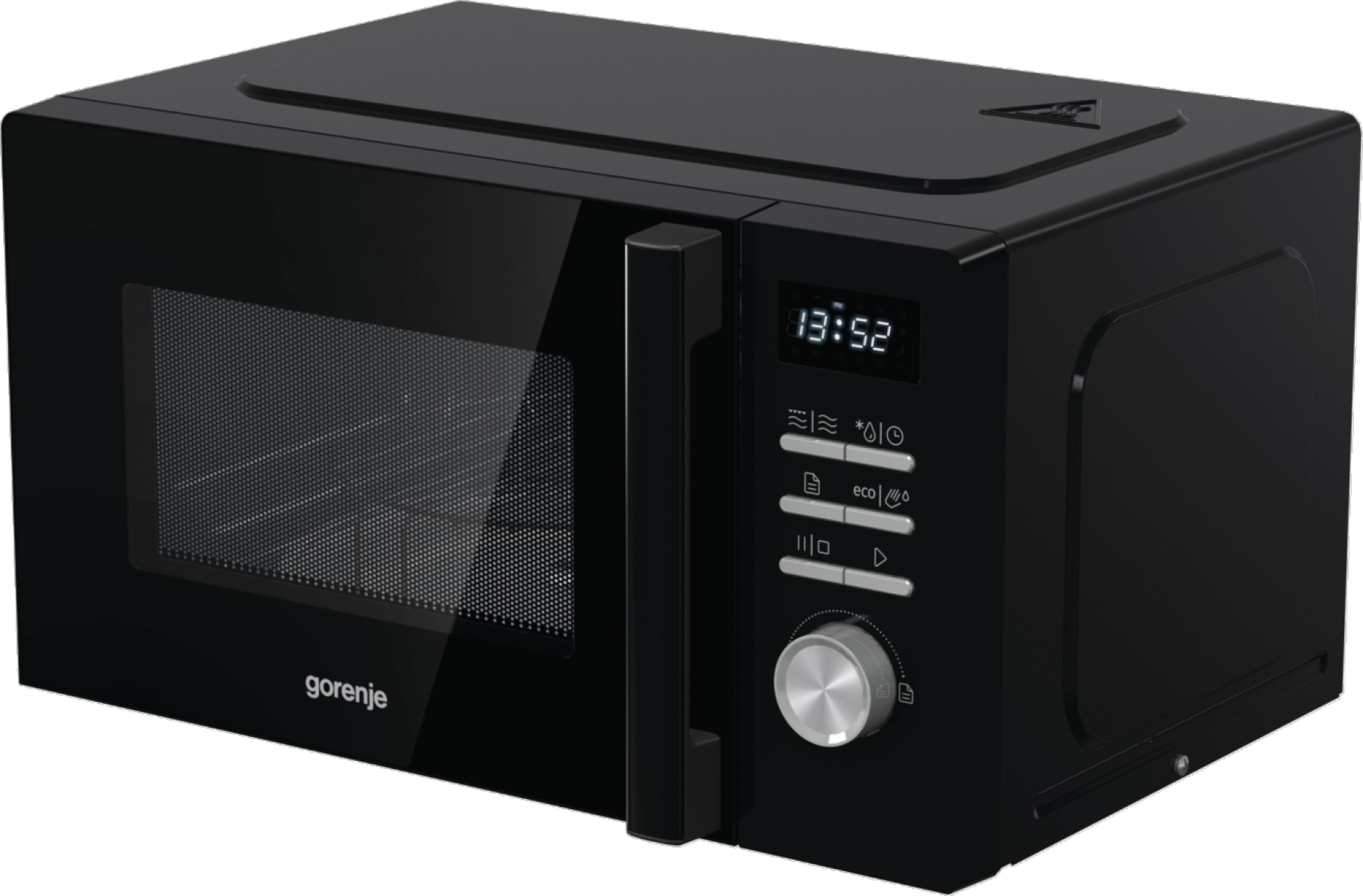 Un forno a microonde Gorenje nero con display digitale, pulsanti e una manopola argentata.