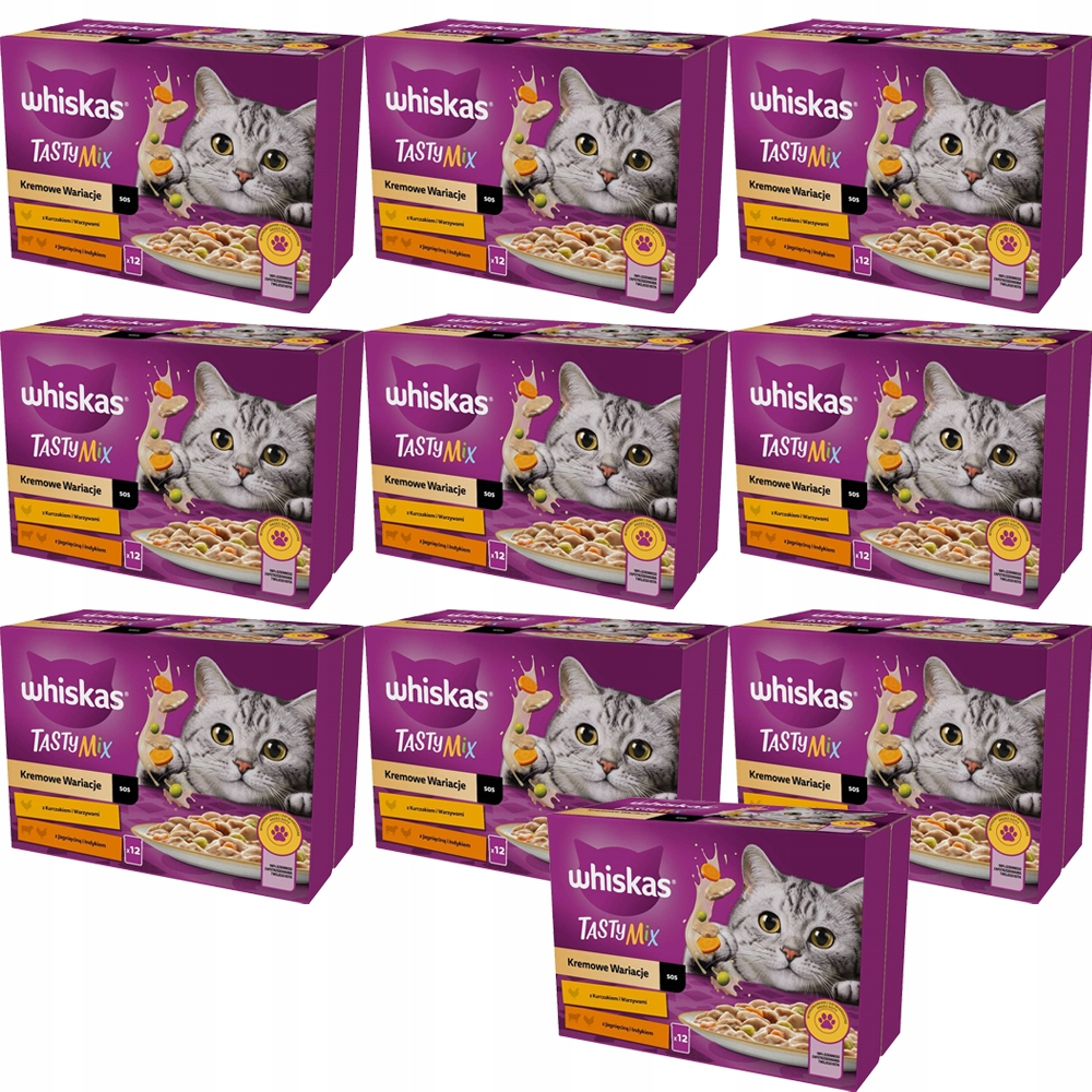 Dziewięć pudełek karm dla kotów Whiskas Tasty Mix w siatce, z szarym kotem i jedzeniem.