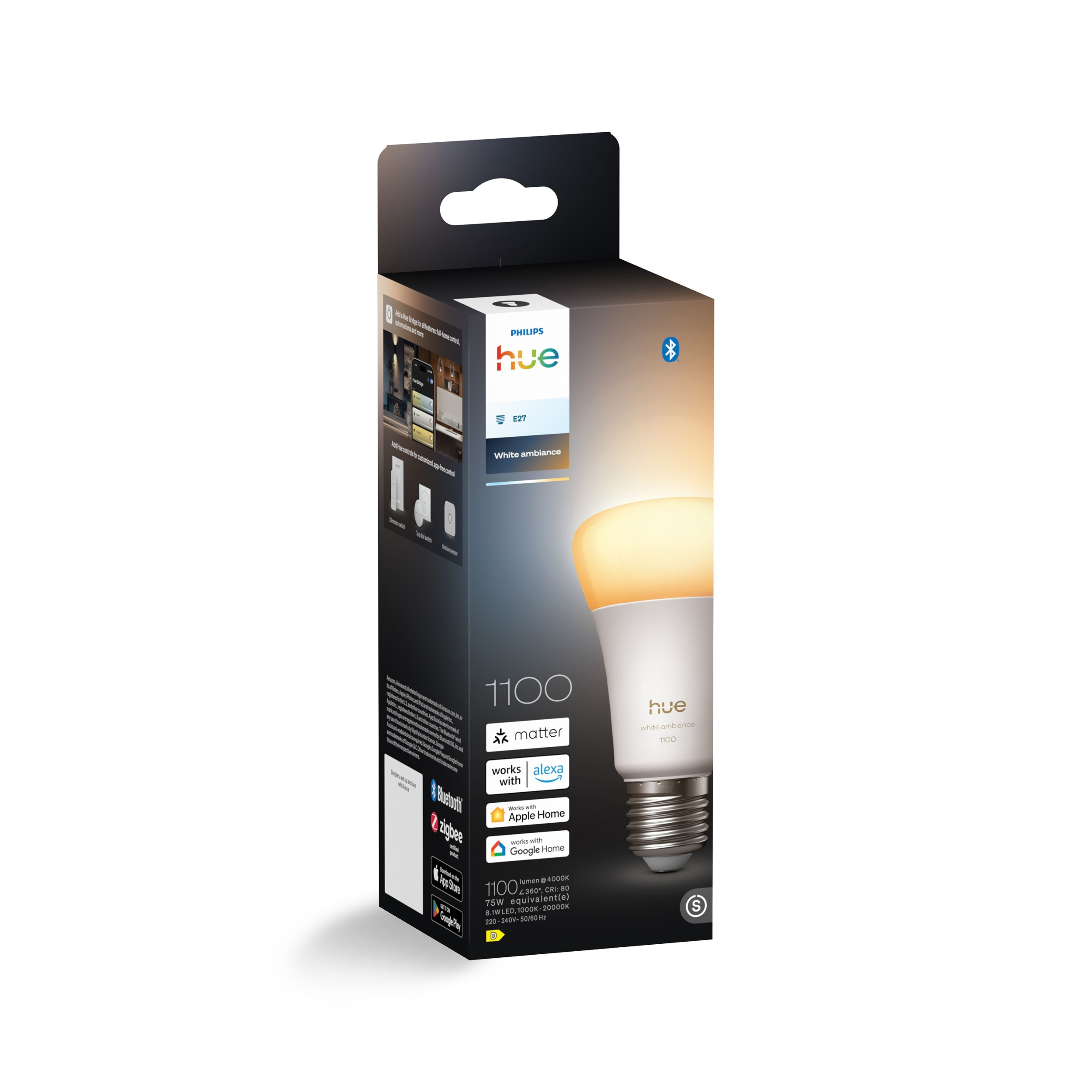 Bombilla LED Philips Hue White Ambiance E27 en su caja, compatible con sistemas inteligentes.