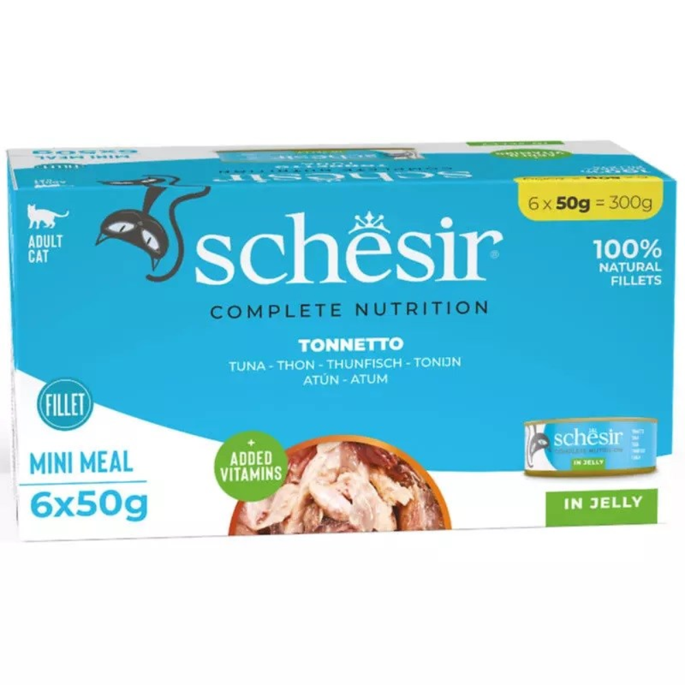Caja de comida para gatos Schesir atún, 6x50g, envase azul y blanco con gato y atún.