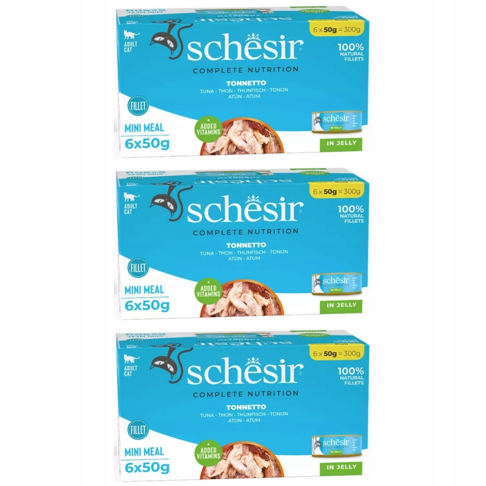 Tres cajas azules de comida para gatos Schesir con atún, de 6x50g cada una.