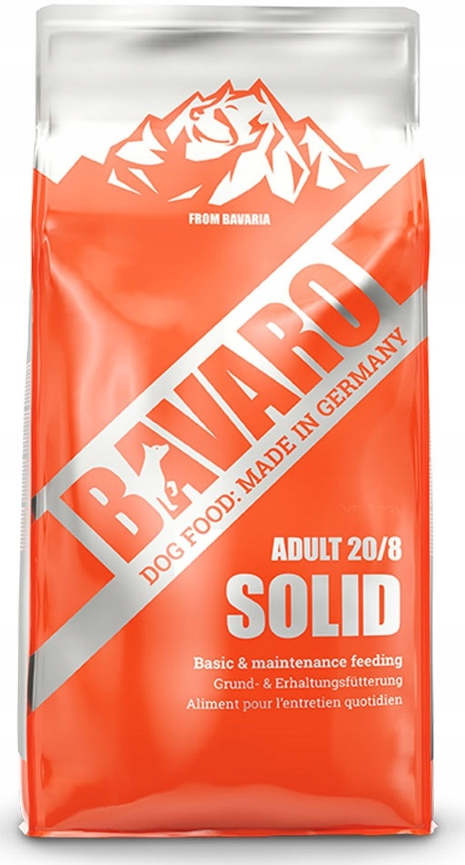 Czerwona torebka karmu dla psów Bavaro Adult Solid z białym logo góry.