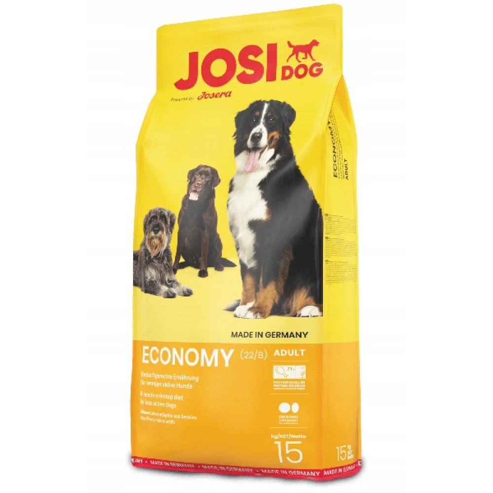 Żółta torba karmę dla psów Josidog Economy z trzema psami i czerwonym tekstem.