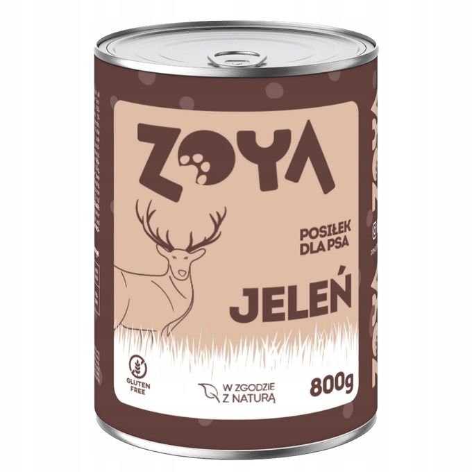 Lata de comida para perros Zoya marrón con ciervo y hierba blanca, 800g.