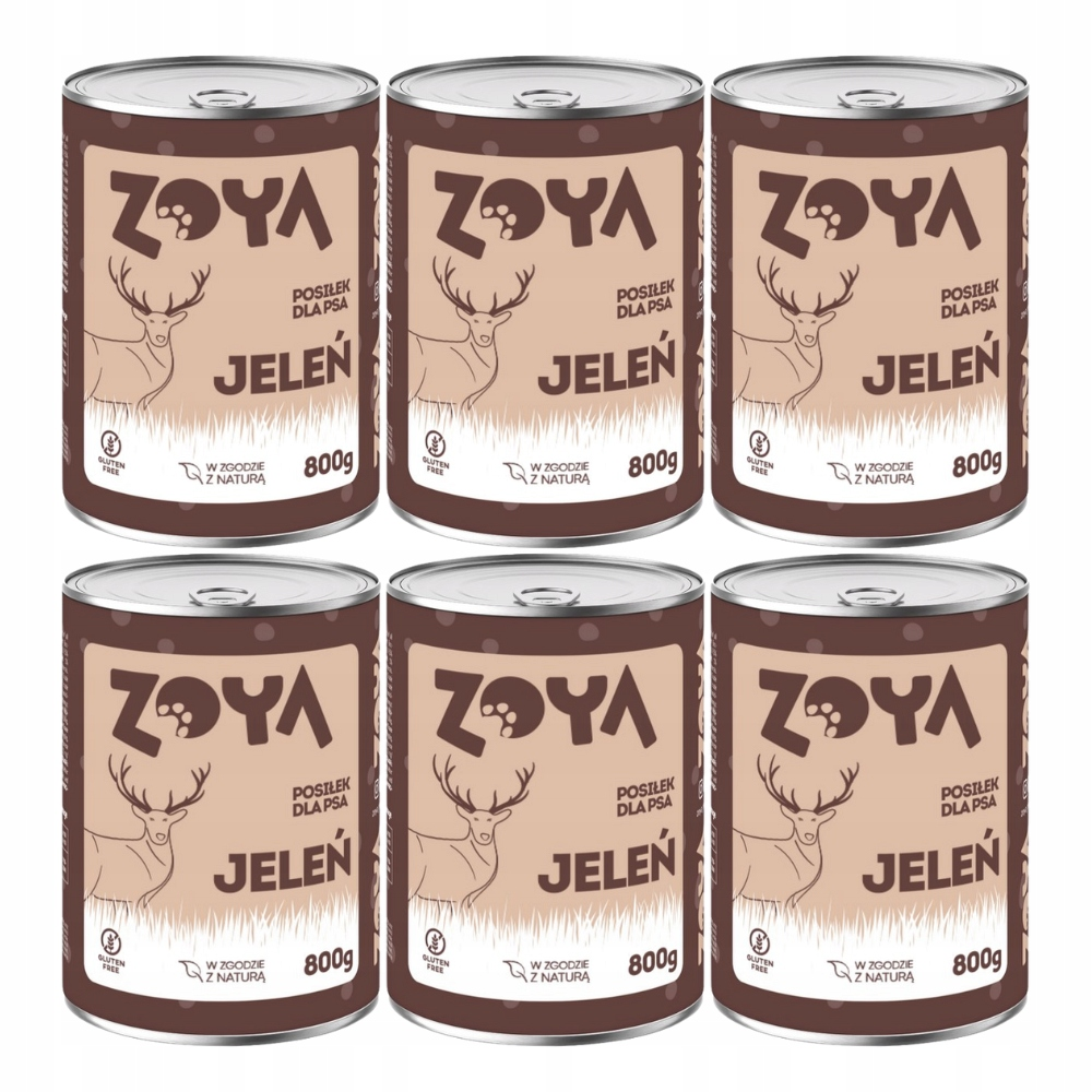 Seis latas de comida para perros ZOYA con gráfico de ciervo y texto Jelen sobre fondo beige y blanco.