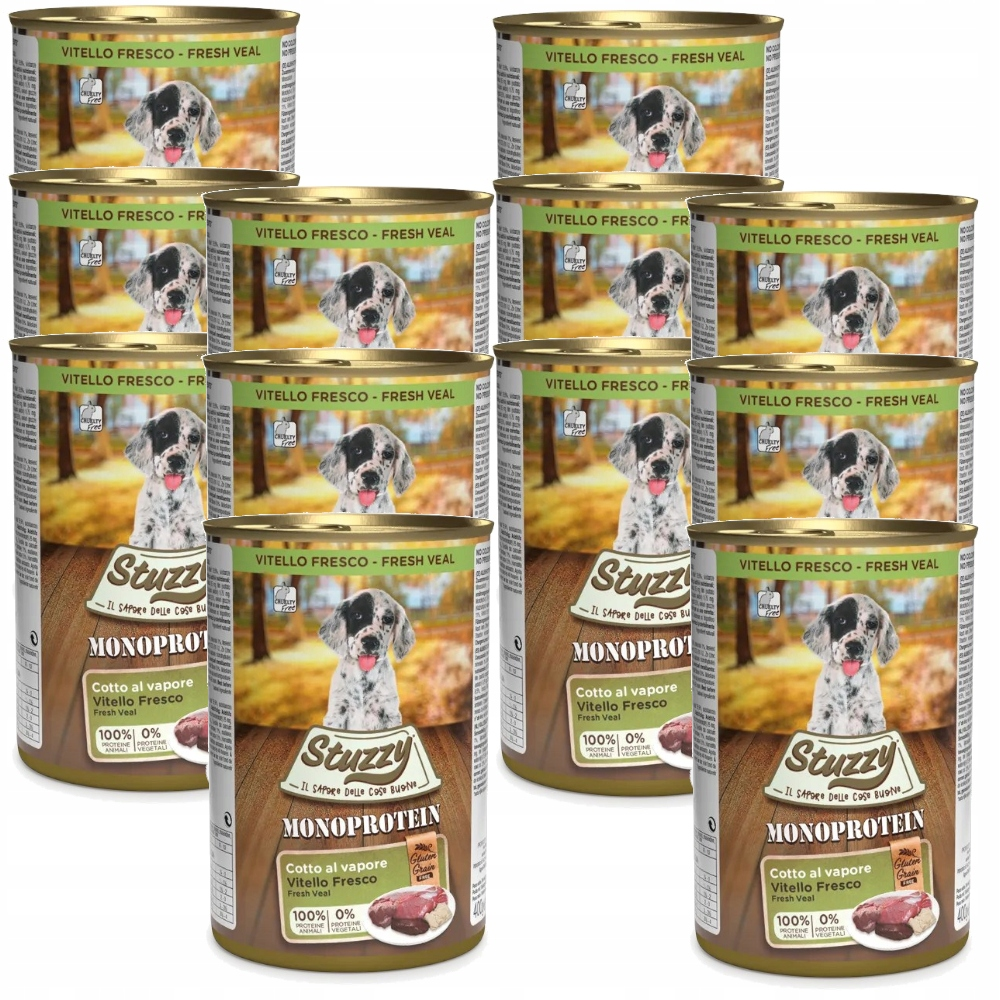 Doce latas de comida para perros Stuzzy Monoprotein en una cuadrícula, con un cachorro y ternera.