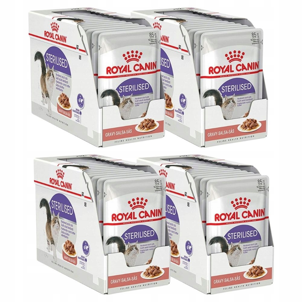 Vier Schachteln mit Royal Canin Sterilised Katzenfutter-Beuteln in Soße auf weißem Hintergrund.