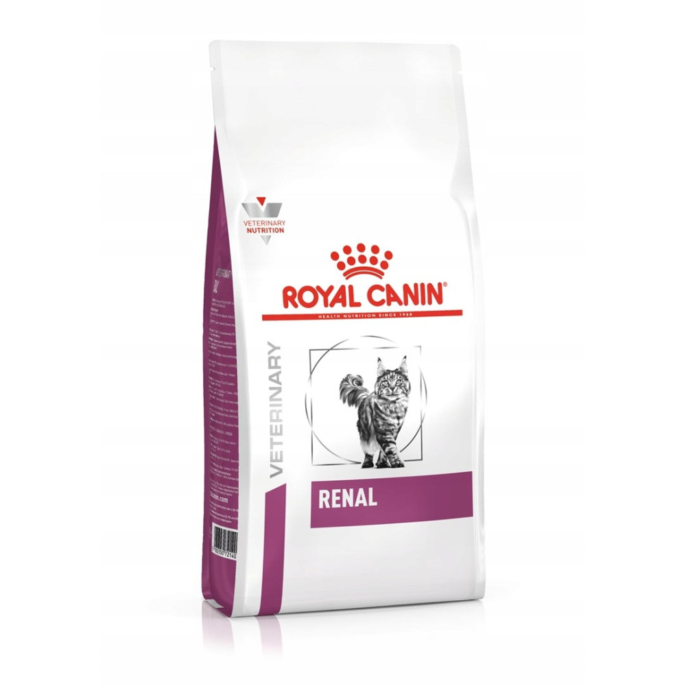 Biała torba karmy dla kotów Royal Canin Renal z czerwonym logo i wizerunkiem kota.