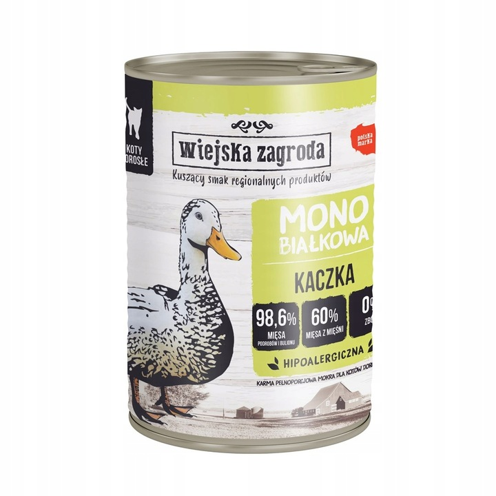 Puszka karmy dla kota z kaczką i napisem Wiejska Zagroda Mono Białkowa Kaczka na jasnym tle.