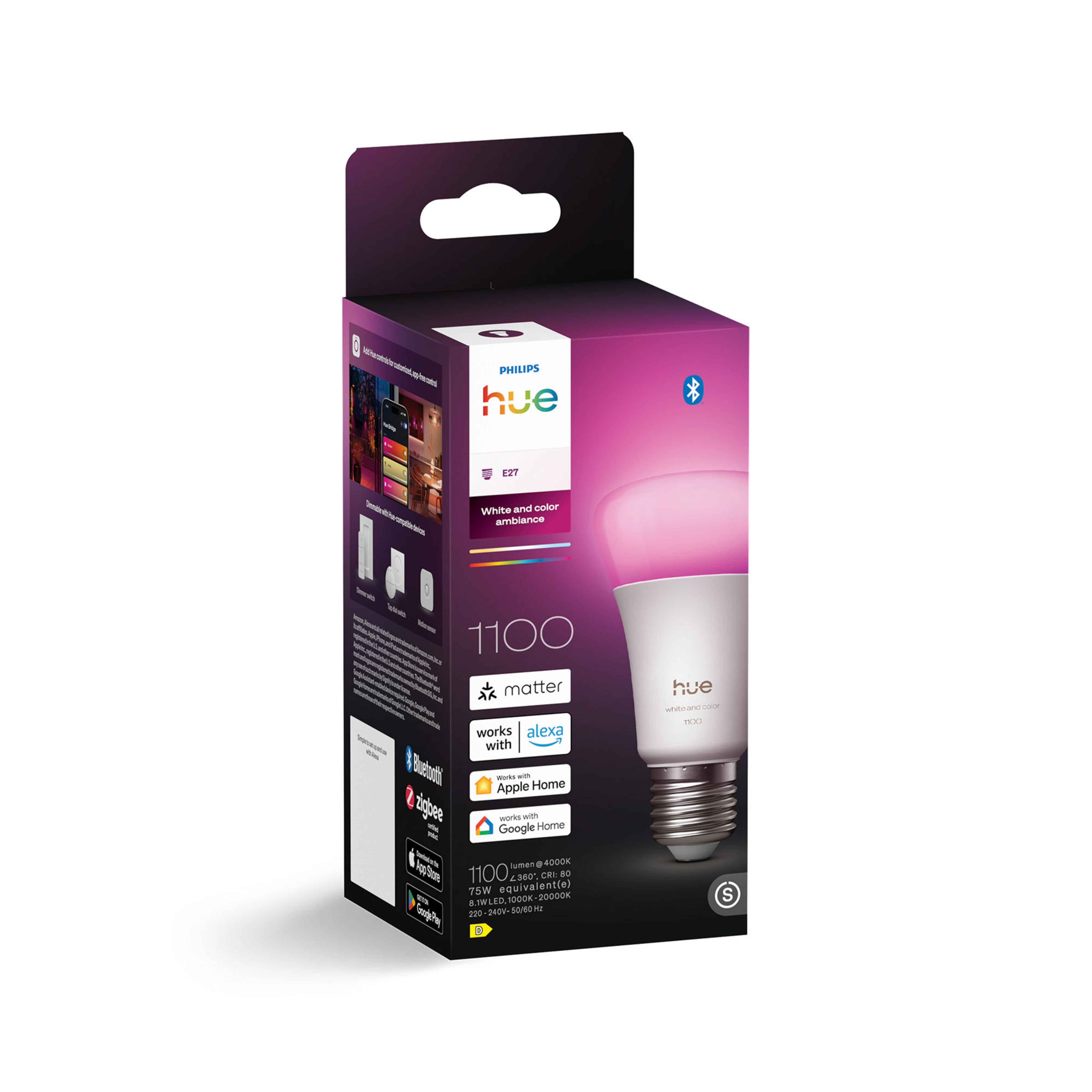 Produktverpackung einer Philips Hue White und Color Ambiance E27 LED-Lampe mit Matter-Unterstützung.