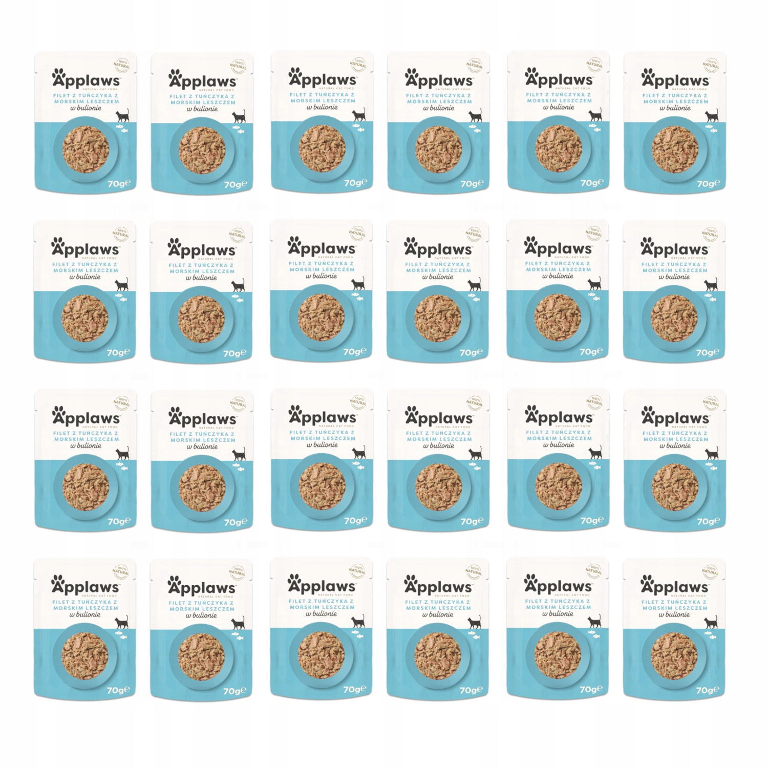 Veinticuatro sobres de comida para gatos Applaws en una cuadrícula sobre fondo blanco.