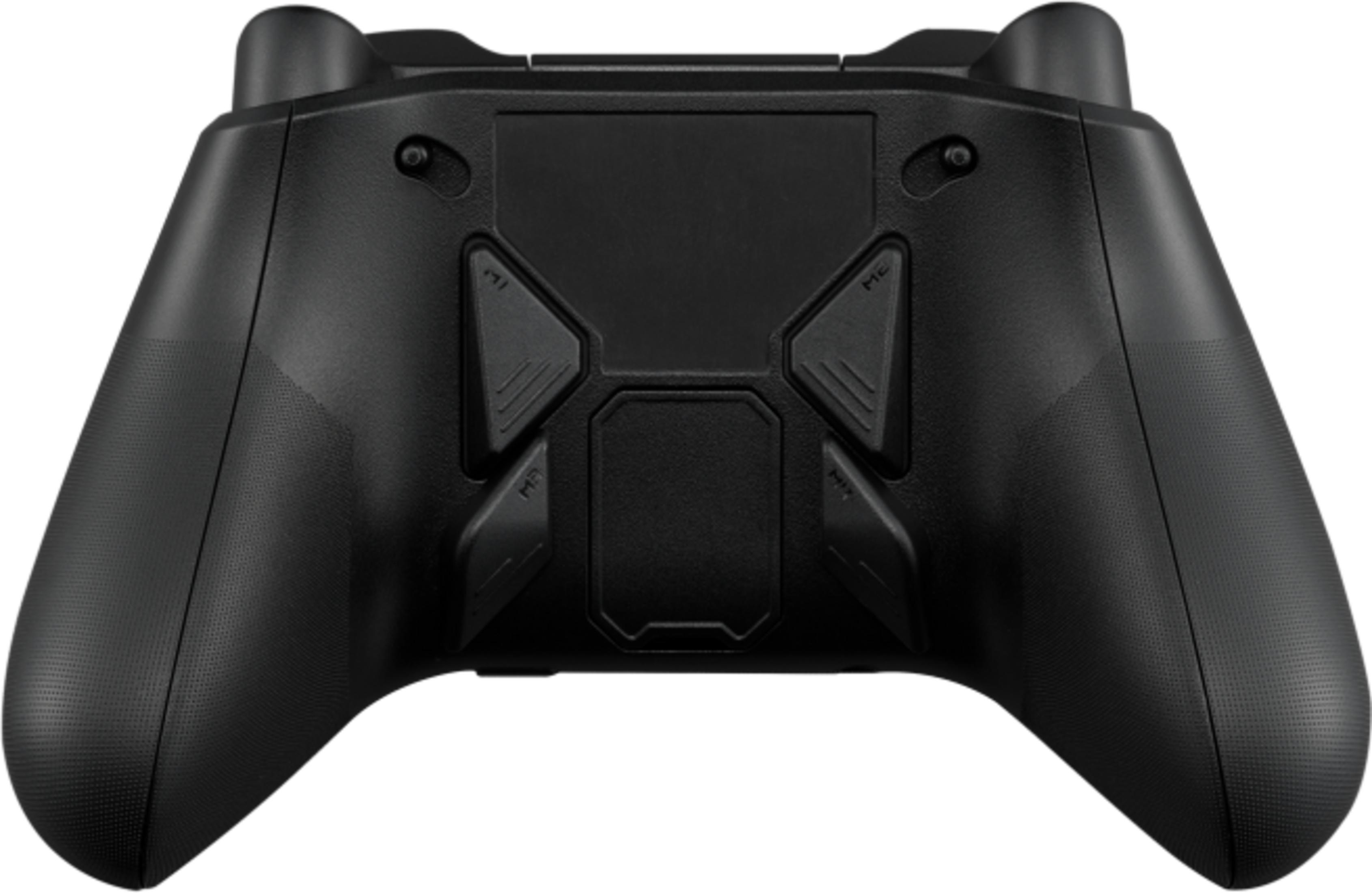 Vista posteriore di un controller da gioco nero con quattro pulsanti extra e impugnature testurizzate su sfondo bianco.