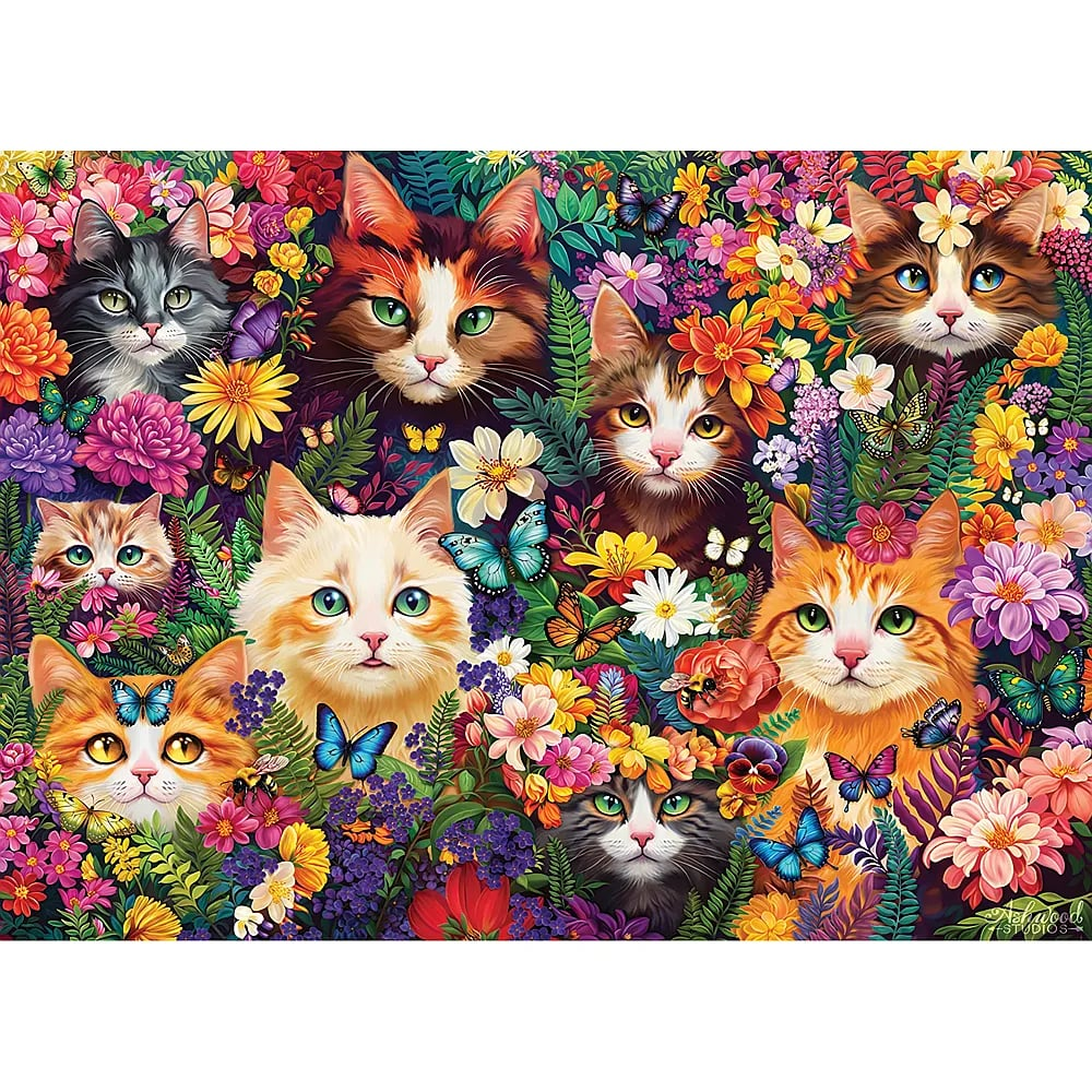Bunte Illustration mit Katzen und Schmetterlingen zwischen Blumen.