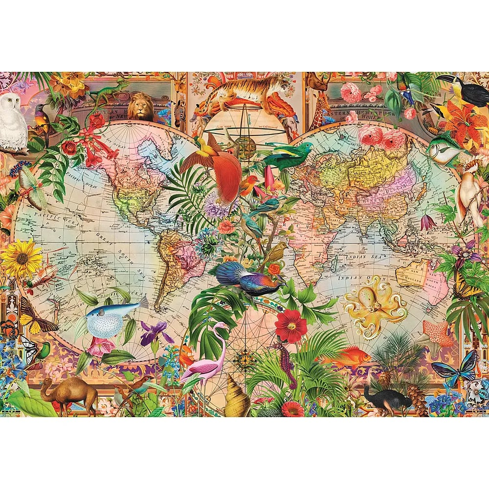 Eine bunte Weltkarte voller Tiere, Blumen und Pflanzen in einer lebendigen, detaillierten Collage.