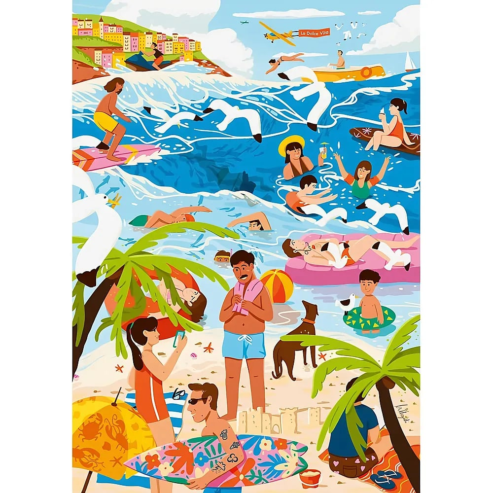 Buntes Strandbild mit schwimmenden, surfenden und sonnenden Menschen, Palmen und Vögeln am blauen Meer.