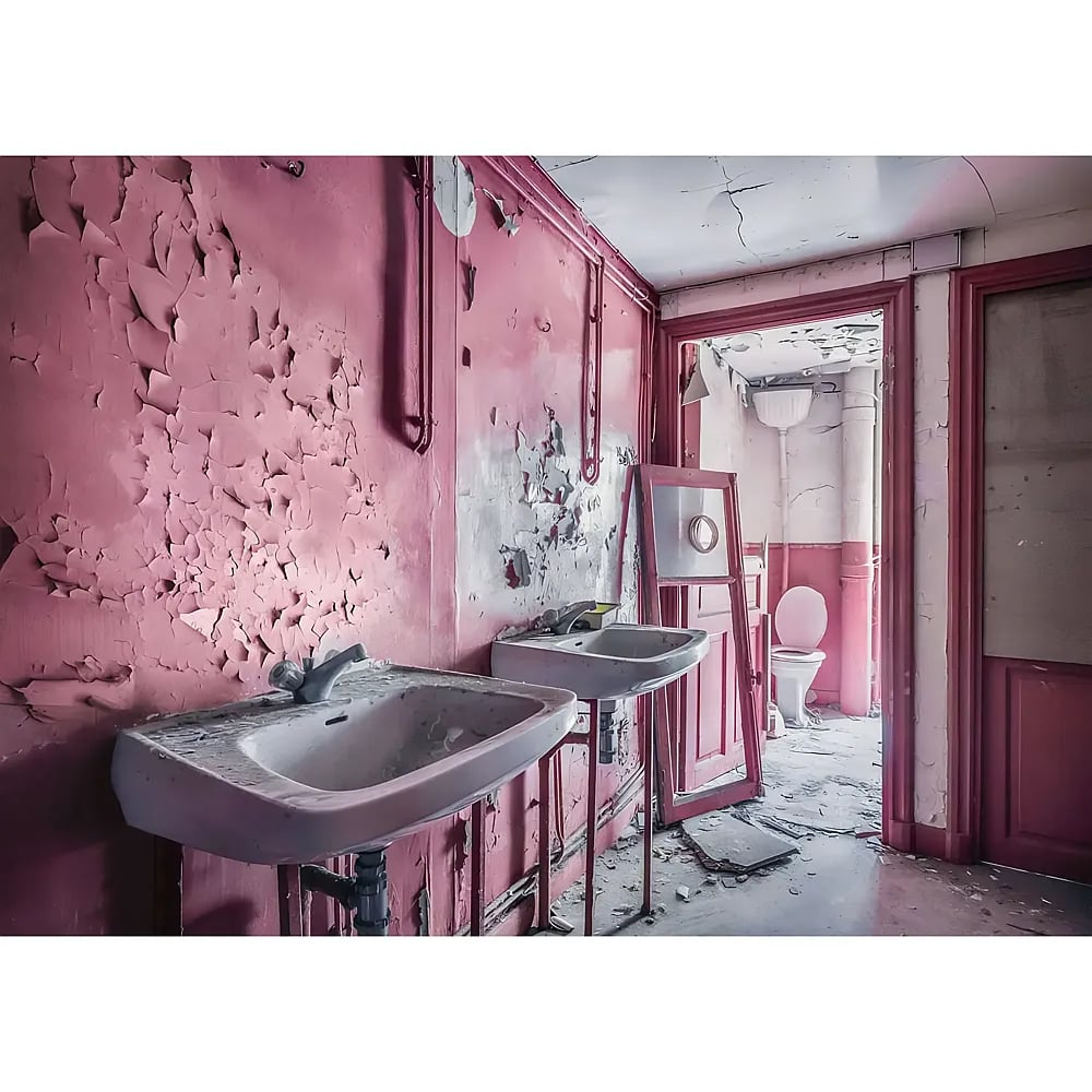 Ein verlassener, rosafarbener Raum mit zwei Waschbecken und einer offenen Tür, die zu einer Toilette führt.