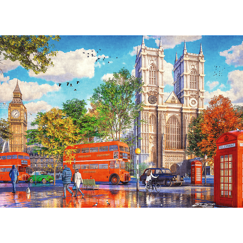 London-Straßenszene mit roten Doppeldeckern, Westminster Abbey und Big Ben unter blauem Himmel mit Wolken.