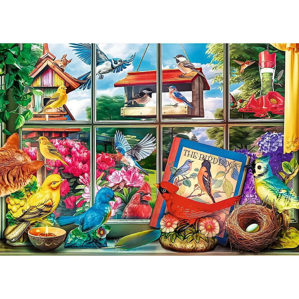 Bunte Vögel drinnen und draußen vor einem Fenster mit Gartenblick und Buch.