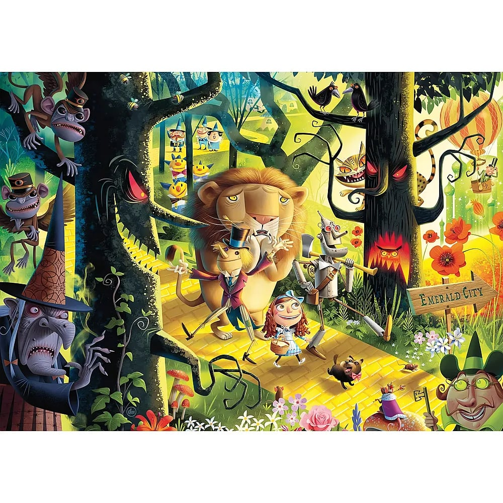 Personajes de El Mago de Oz caminan por un camino de baldosas amarillas en un bosque tenebroso con monos y bruja.