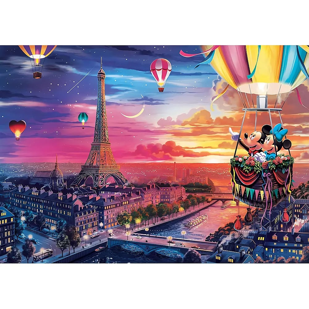 Micky und Minnie Mouse fliegen in einem bunten Heißluftballon bei Sonnenuntergang über Paris und den Eiffelturm.