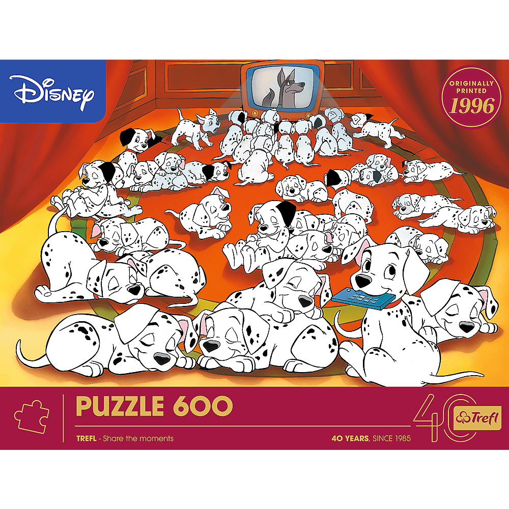 Ein Disney 600-Teile-Puzzle mit vielen Dalmatiner-Welpen, die fernsehen.