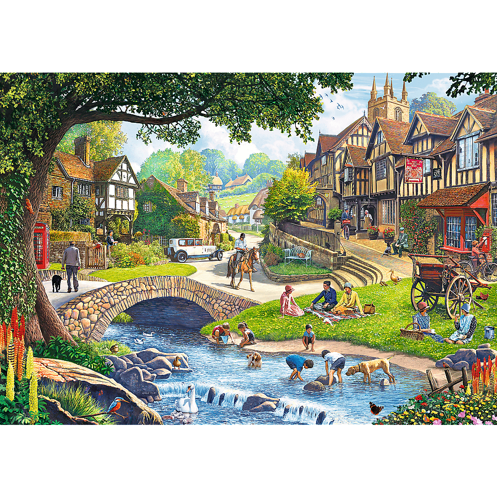 Eine lebhafte englische Dorfszene mit Picknickern, spielenden Kindern in einem Bach, einer Steinbrücke und historischen Häusern.