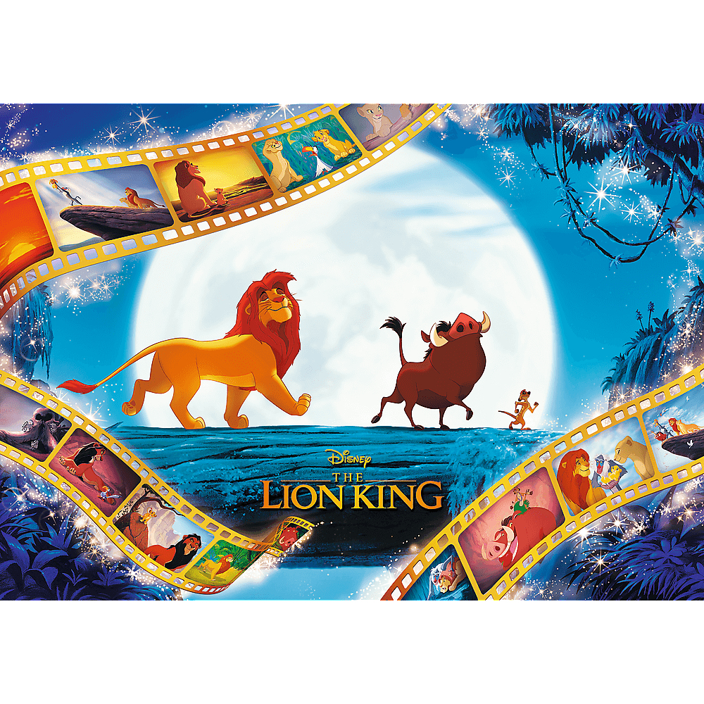 Simba und Pumbaa gehen vor Vollmond, umrahmt von leuchtenden Filmstreifen mit Szenen aus König der Löwen.