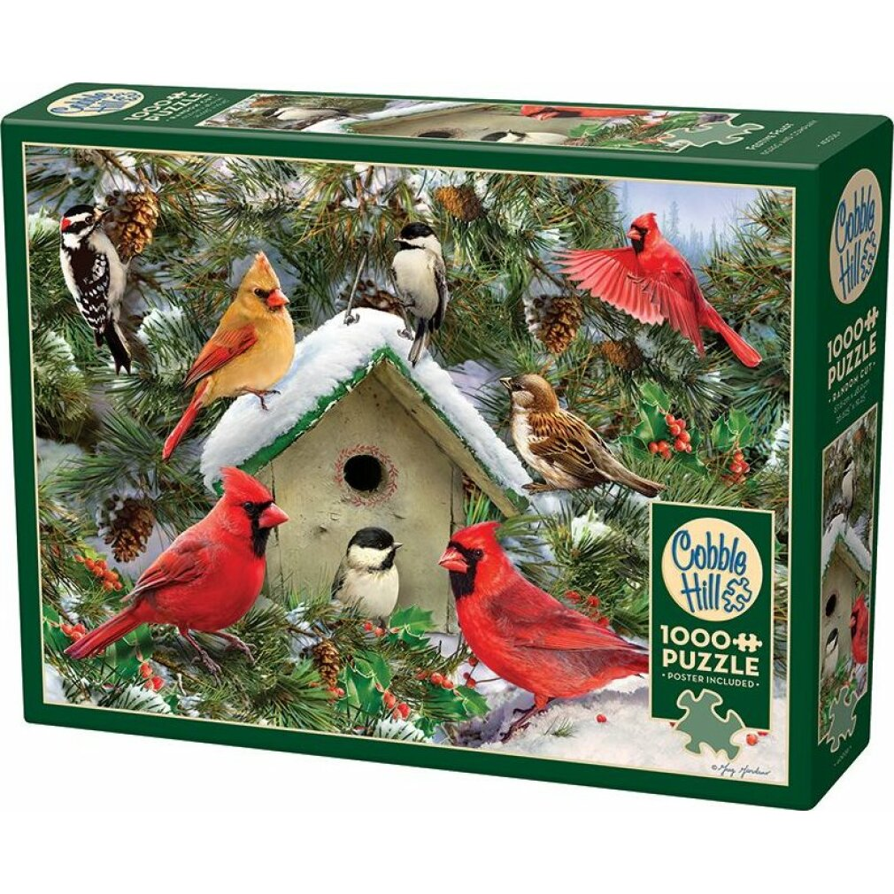 Ein 1000-teiliges Puzzle von Cobble Hill zeigt bunte Vögel im verschneiten Wald um ein Vogelhaus.