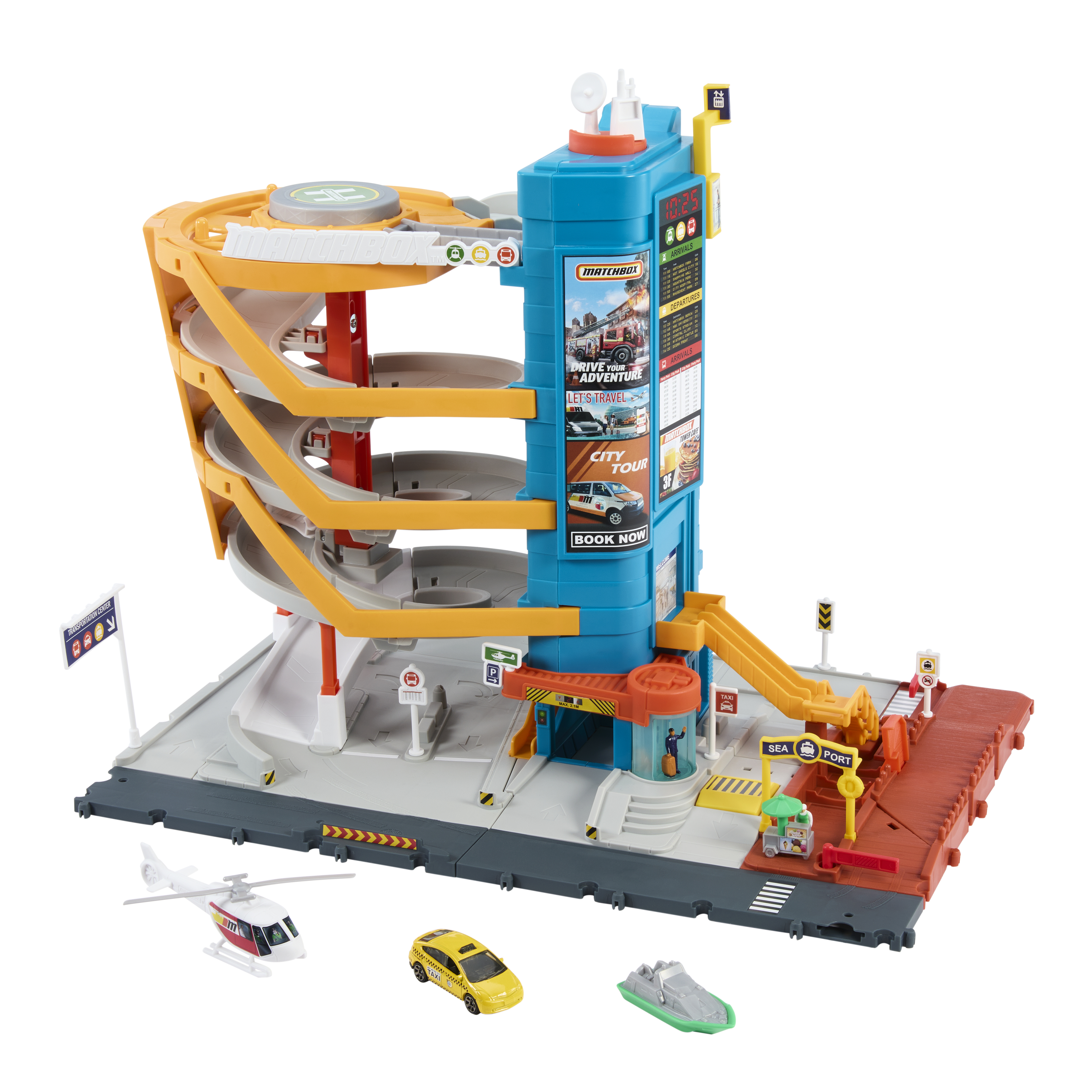 Ein buntes Matchbox-Parkhaus mit Wendelampe, einem blauen Turm und kleinen Fahrzeugen.