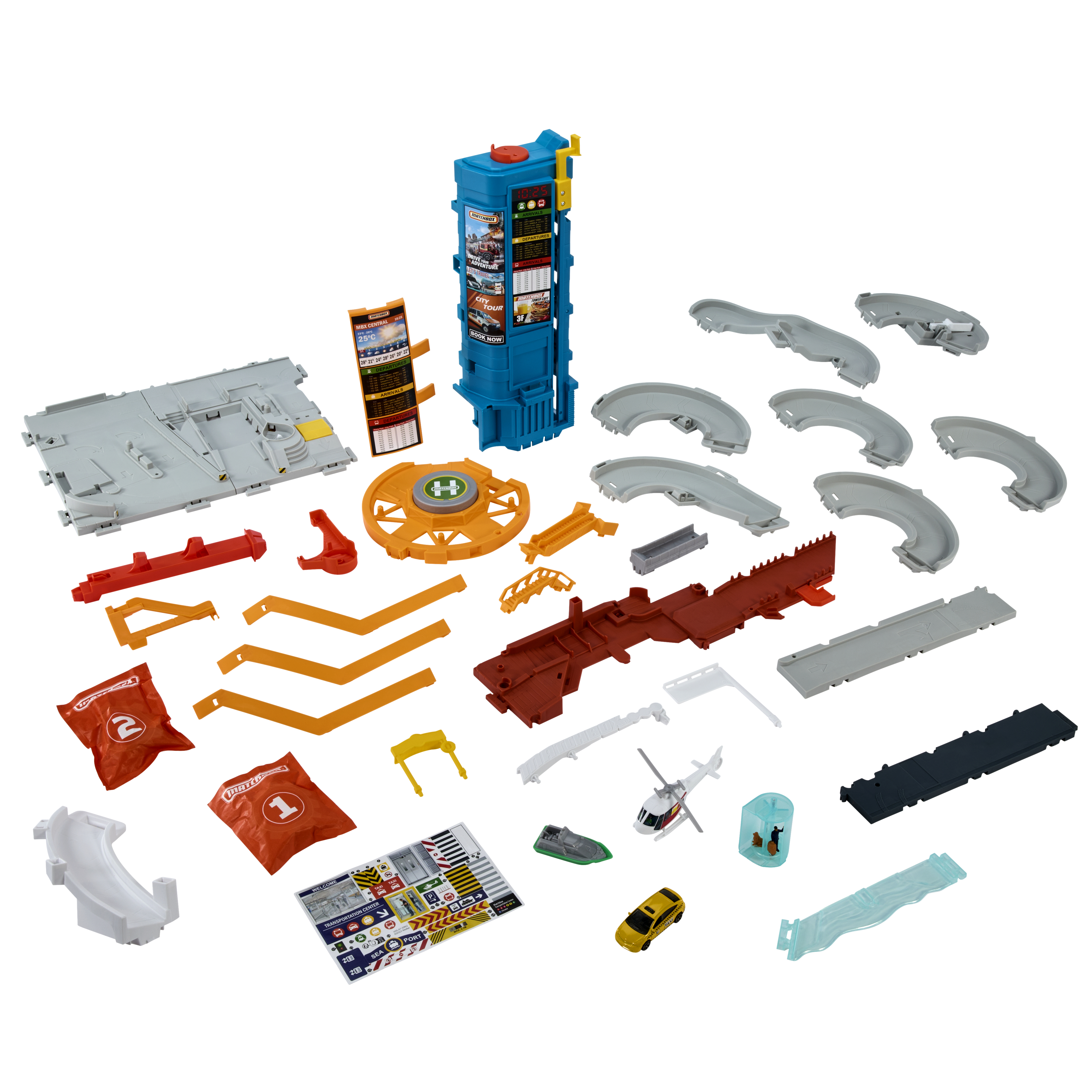 Verschiedene Matchbox-Spielzeugteile, darunter ein blauer Turm, graue Straßenteile, gelbes Auto und Hubschrauber.