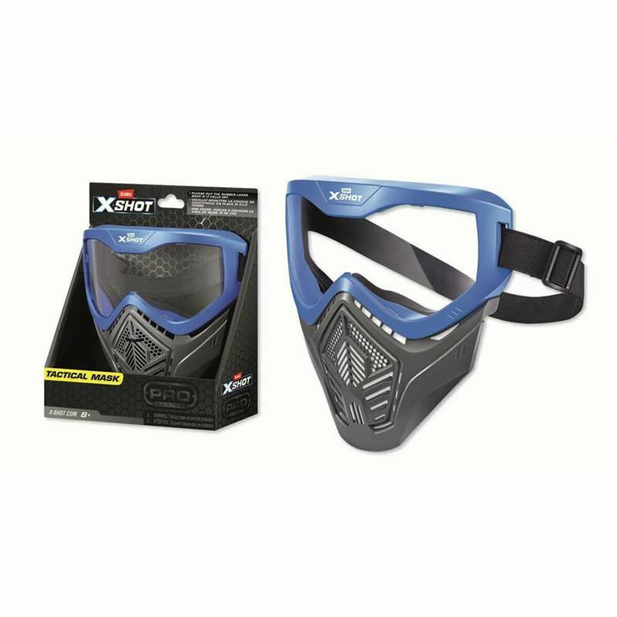 Blaue und graue X-Shot Pro taktische Maske mit schwarzem Gurt, gezeigt neben ihrer Verpackung.