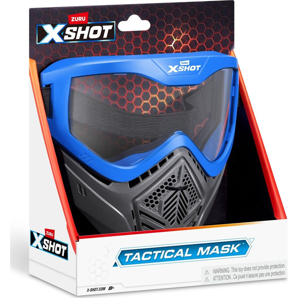 Blaue und graue X-Shot Taktische Maske in Originalverpackung mit Hexagonmuster.