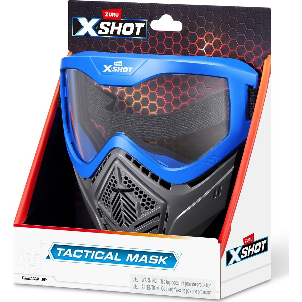 Blaue und graue Zuru X-Shot Taktische Maske in der Verpackung mit Honigwabenmuster.