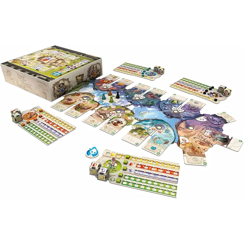 Ein ausgebreitetes Brettspiel mit bunten Spielbrettern, Würfeln, Karten und Spielfiguren auf weißem Hintergrund.